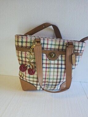 Coach Hampton Tattersall Tan Wool/Leather-Trim Multicolor Plaid Tote 🍒